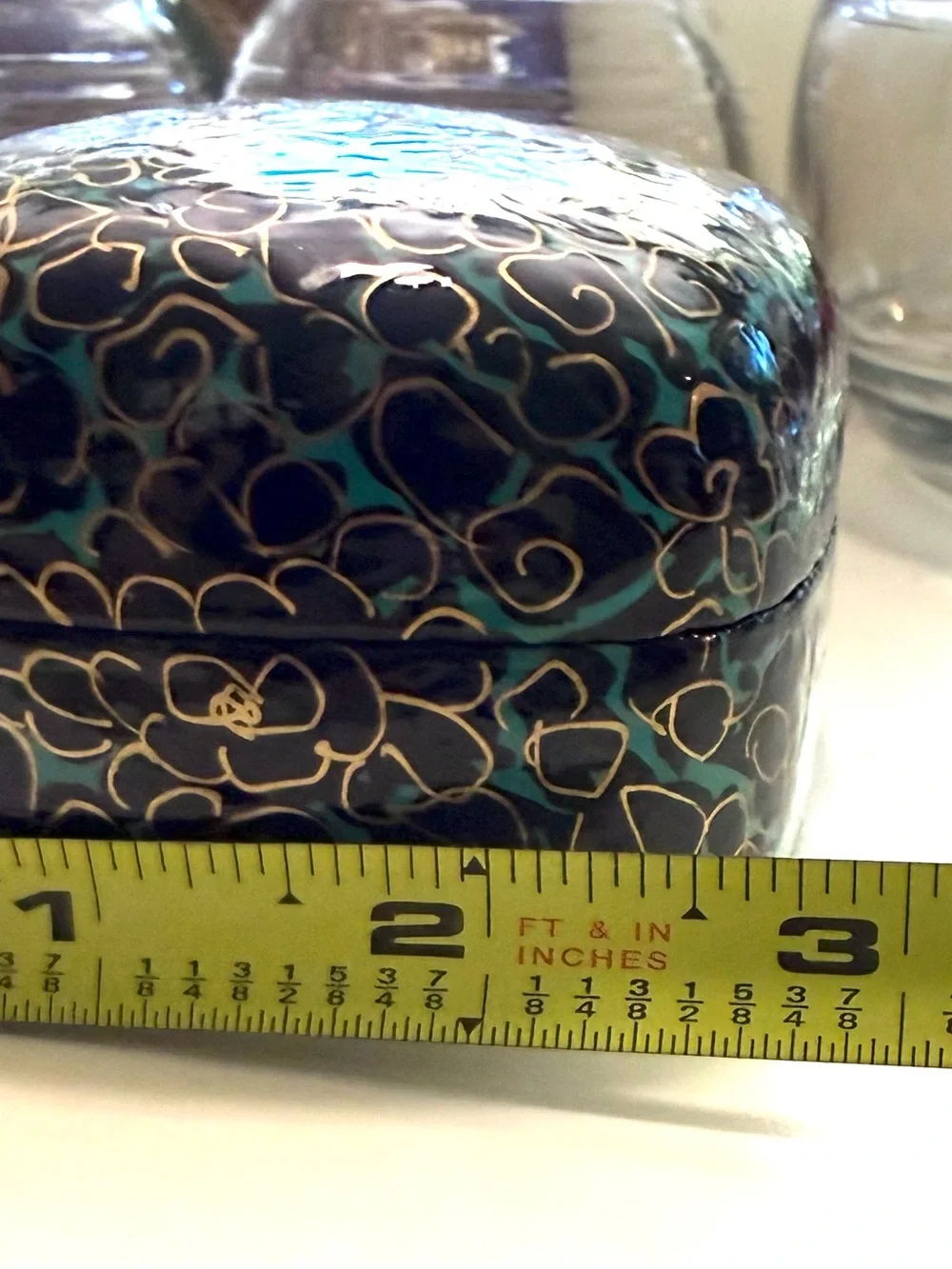 Handcrafted Kashmiri papier-mâché trinket box with lacquered finish gold, teal